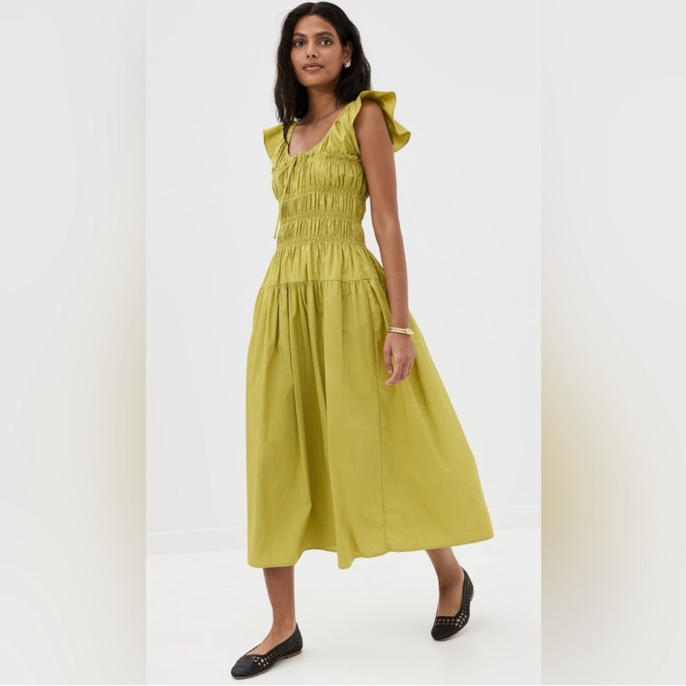 Moon River Ruffle Sleeve Shirred Chartreuse Green Smocked Midi Dress size XS